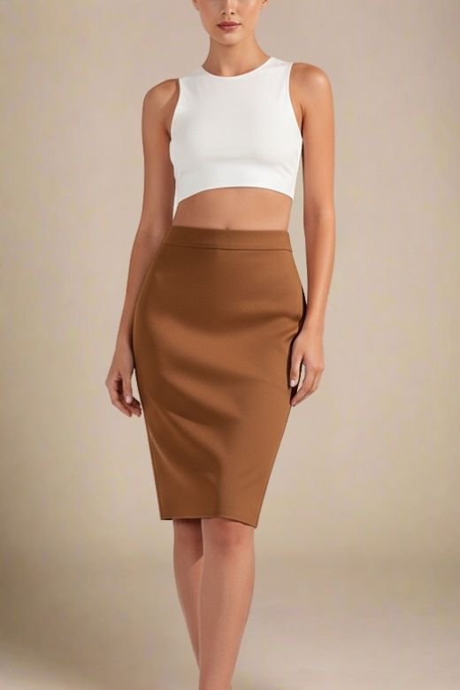 Woman wearing a figure flattering Pencil High Waist Bandage Knee Length Skirt - Tan Brown BODYCON COLLECTION