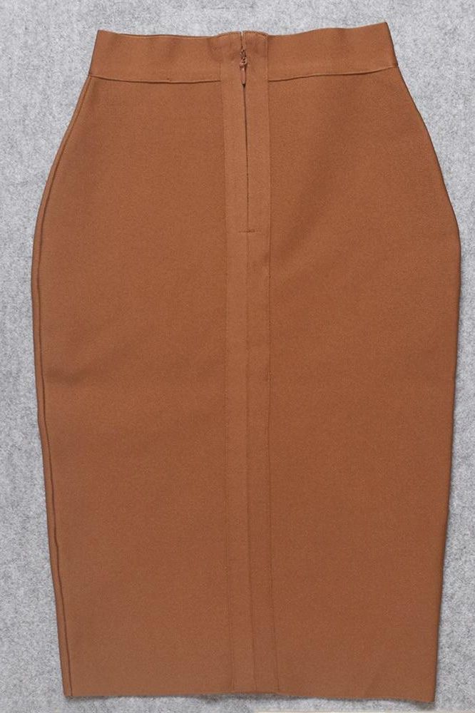 Woman wearing a figure flattering Pencil High Waist Bandage Knee Length Skirt - Tan Brown BODYCON COLLECTION