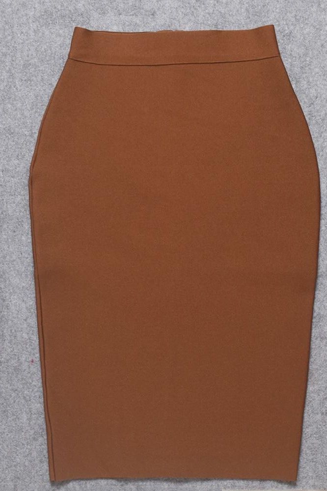 Woman wearing a figure flattering Pencil High Waist Bandage Knee Length Skirt - Tan Brown BODYCON COLLECTION