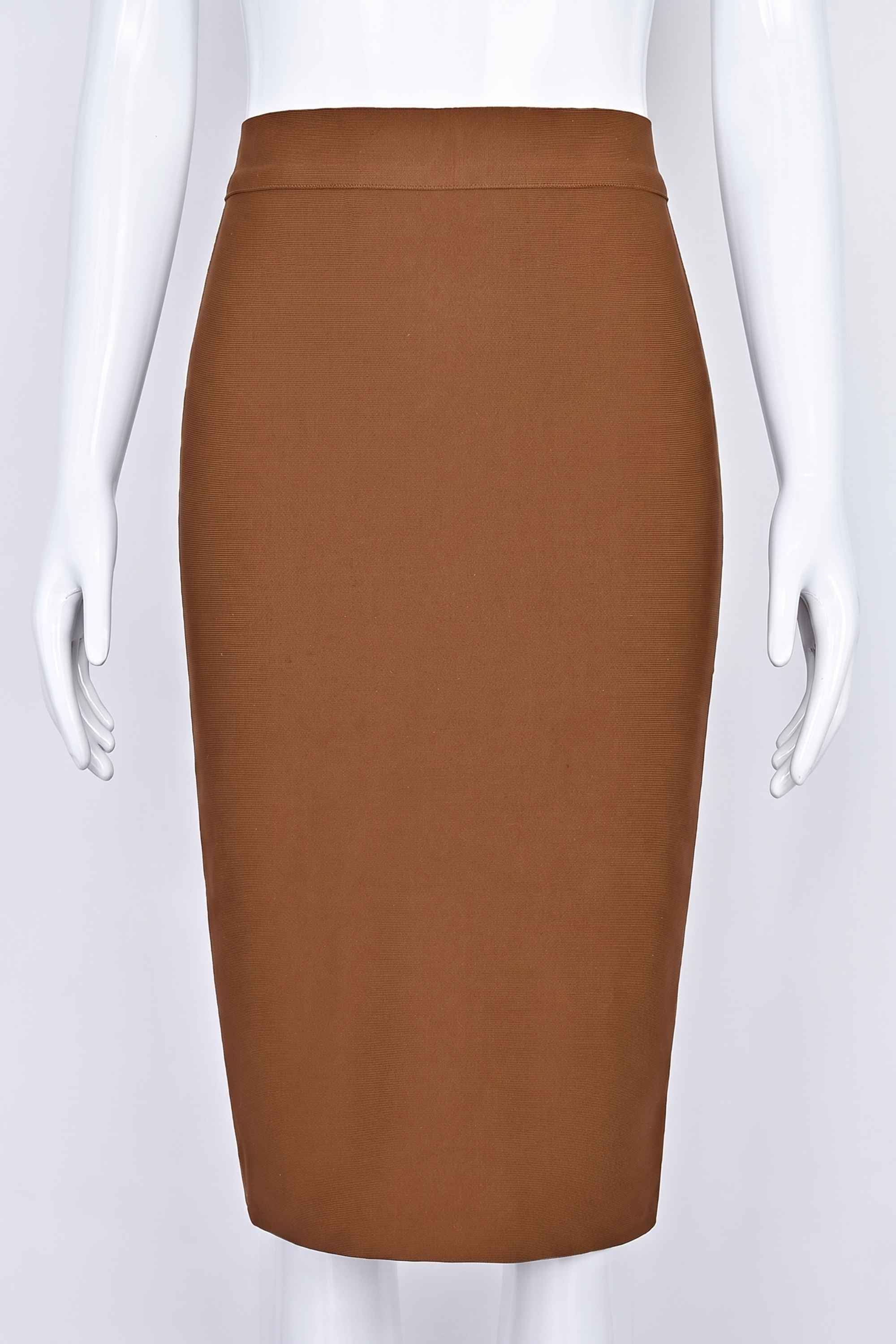 Woman wearing a figure flattering Pencil High Waist Bandage Knee Length Skirt - Tan Brown BODYCON COLLECTION