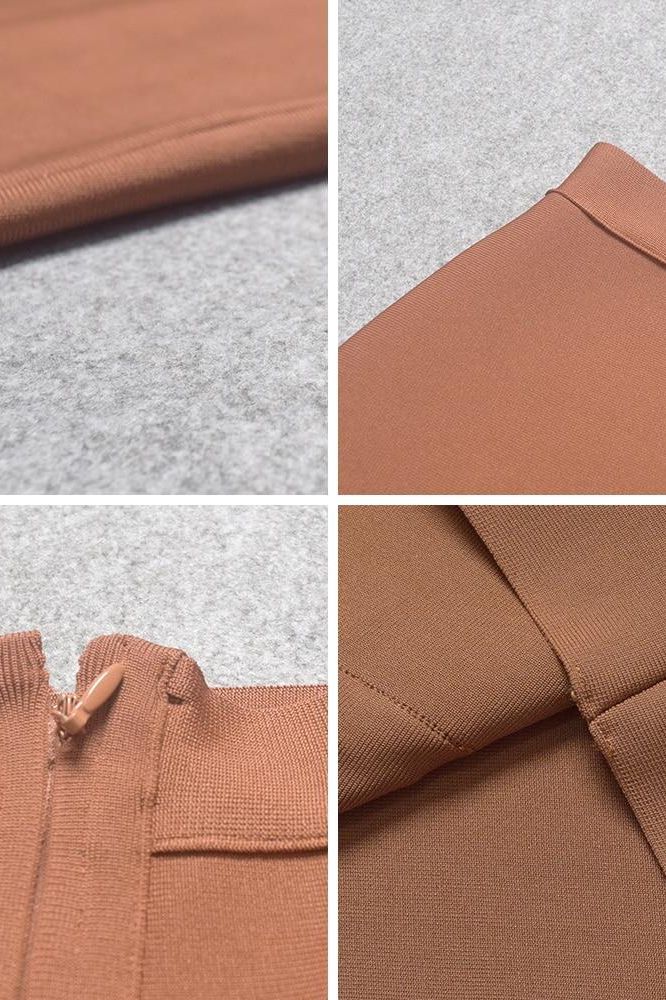 Woman wearing a figure flattering Pencil High Waist Bandage Knee Length Skirt - Tan Brown BODYCON COLLECTION