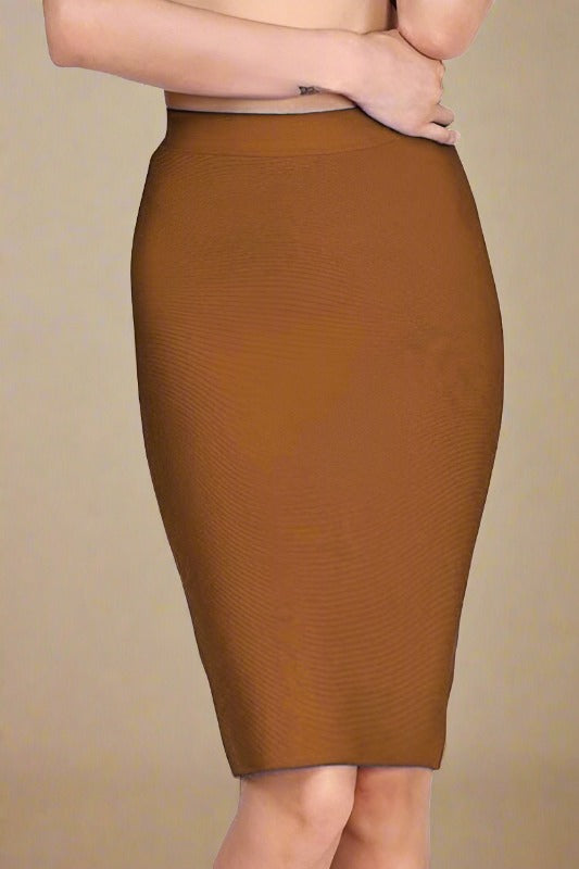 Woman wearing a figure flattering Pencil High Waist Bandage Knee Length Skirt - Tan Brown BODYCON COLLECTION