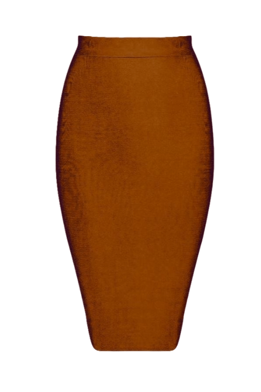 Woman wearing a figure flattering Pencil High Waist Bandage Knee Length Skirt - Tan Brown BODYCON COLLECTION