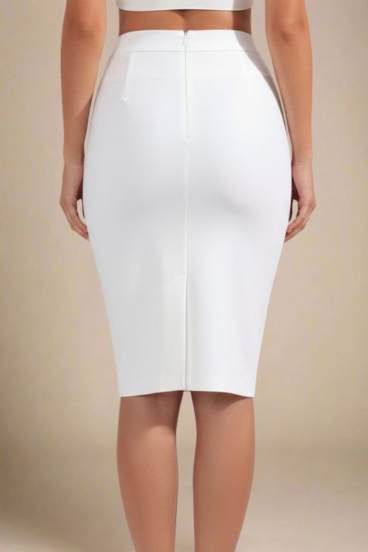 Woman wearing a figure flattering Pencil High Waist Bandage Knee Length Skirt - White Pearl BODYCON COLLECTION