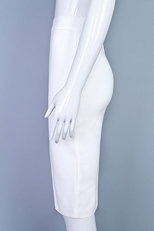 Woman wearing a figure flattering Pencil High Waist Bandage Knee Length Skirt - White Pearl BODYCON COLLECTION