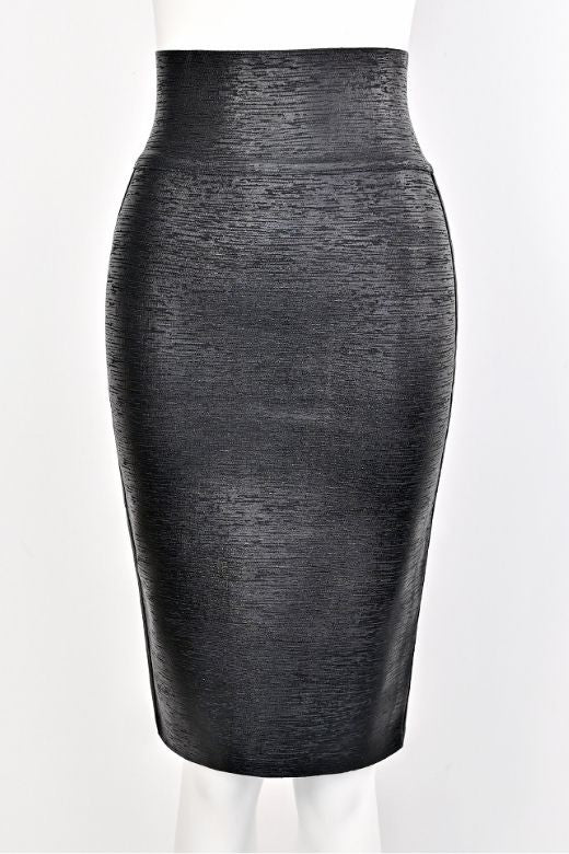 Woman wearing a figure flattering Pencil High Waist Bandage Metallic Midi Skirt - Classic Black BODYCON COLLECTION