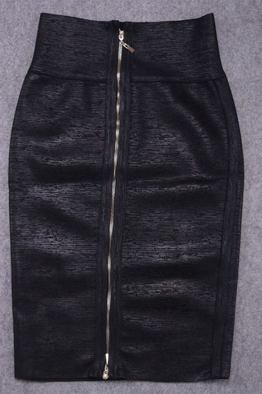 Woman wearing a figure flattering Pencil High Waist Bandage Metallic Midi Skirt - Classic Black BODYCON COLLECTION