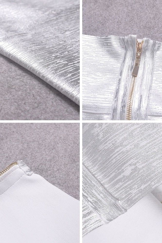 Woman wearing a figure flattering Pencil High Waist Bandage Metallic Mini Skirt - Silver BODYCON COLLECTION