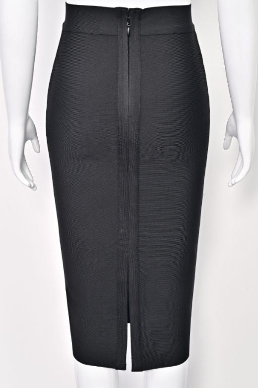 Woman wearing a figure flattering Pencil High Waist Bandage Midi Skirt - Classic Black BODYCON COLLECTION