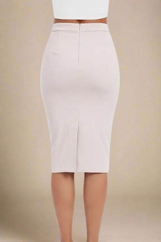 Woman wearing a figure flattering Pencil High Waist Bandage Midi Skirt - Cream BODYCON COLLECTION