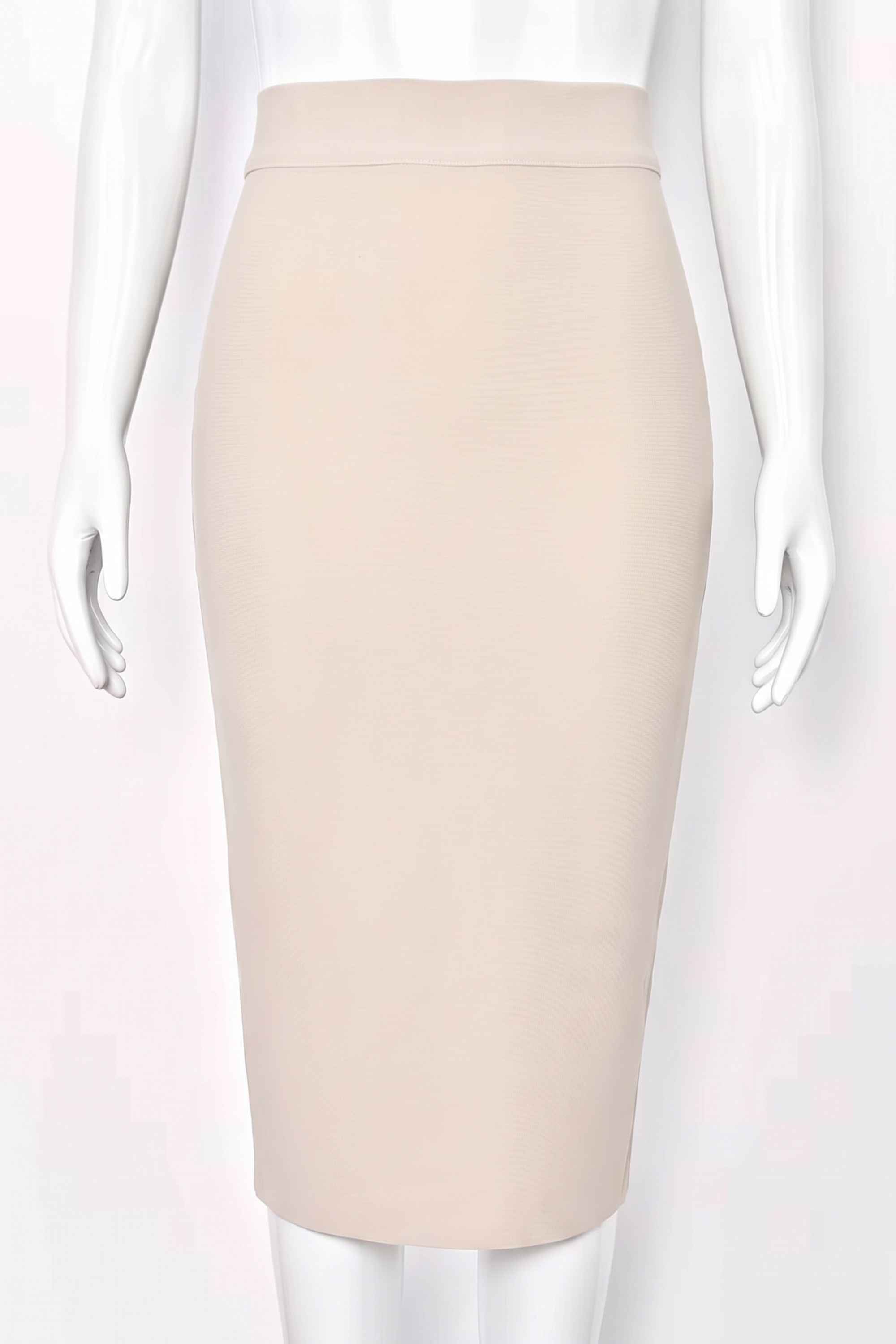 Woman wearing a figure flattering Pencil High Waist Bandage Midi Skirt - Cream BODYCON COLLECTION