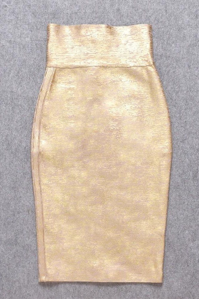 Woman wearing a figure flattering Pencil High Waist Bandage Midi Skirt - Gold BODYCON COLLECTION