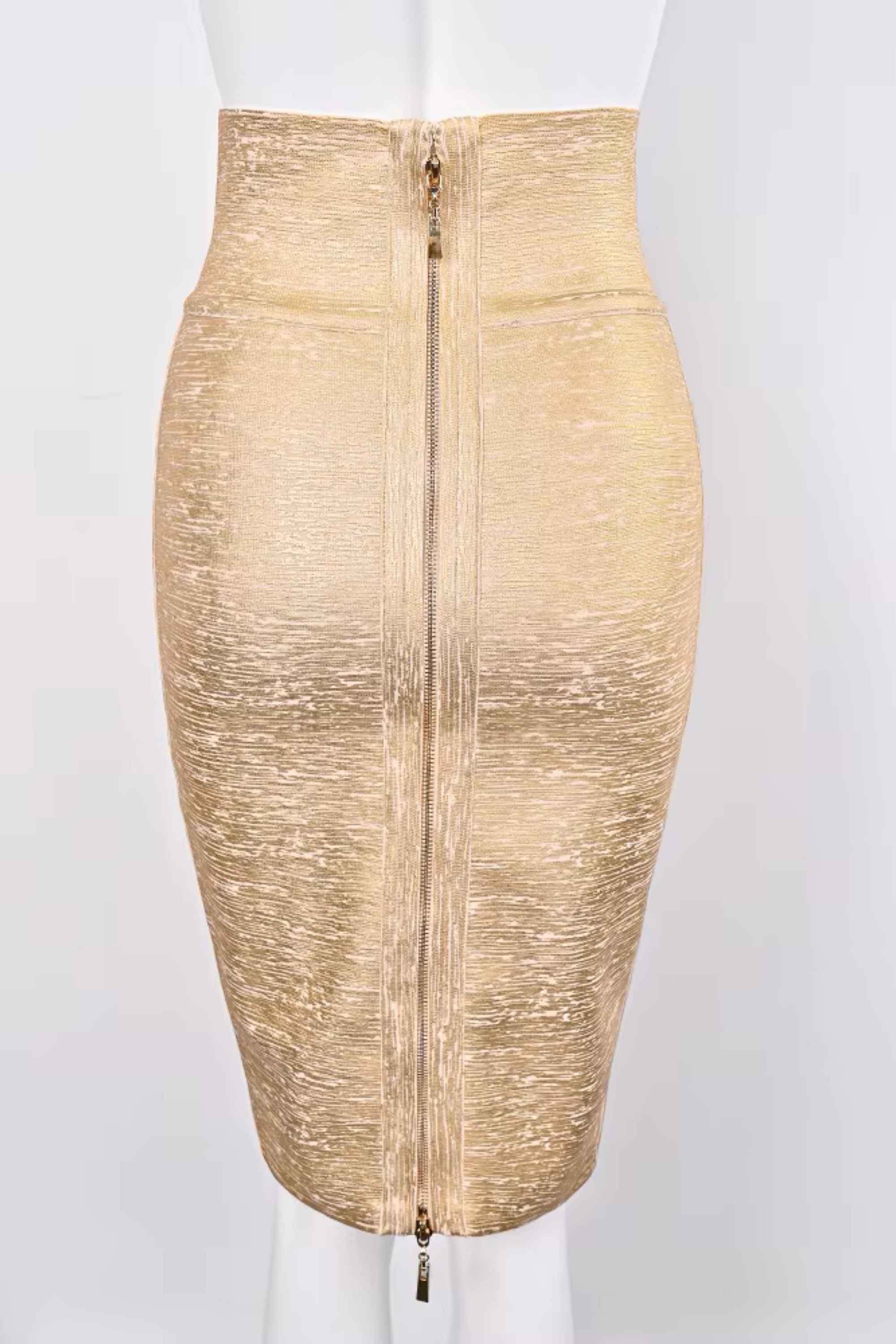 Woman wearing a figure flattering Pencil High Waist Bandage Midi Skirt - Gold BODYCON COLLECTION