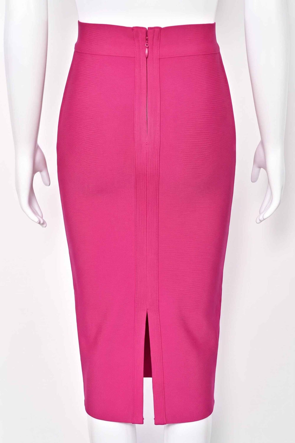 Woman wearing a figure flattering Pencil High Waist Bandage Midi Skirt - Hot Pink BODYCON COLLECTION
