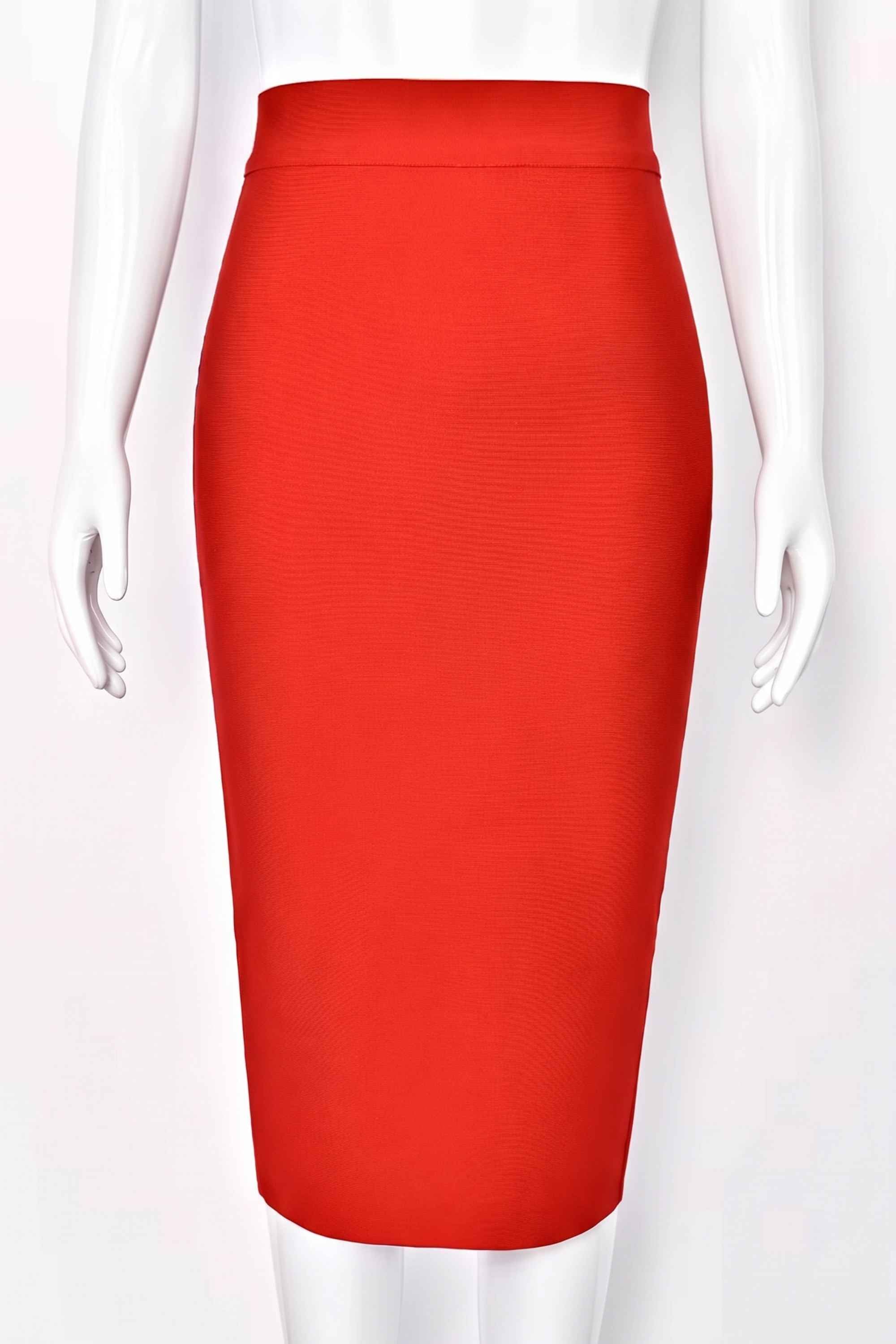 Woman wearing a figure flattering Pencil High Waist Bandage Midi Skirt - Lipstick Red BODYCON COLLECTION