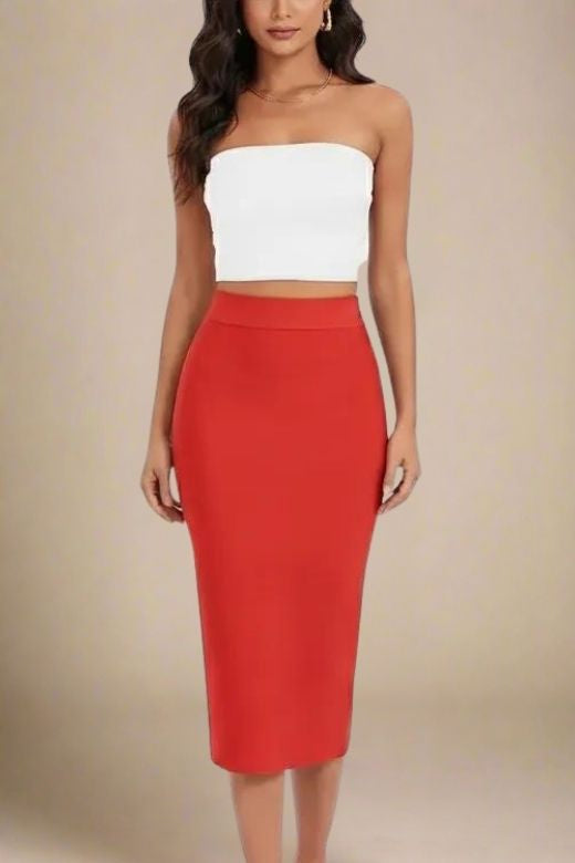 BODYCON COLLECTION Pencil High Waist Bandage Midi Skirt - Lipstick Red Womens Dresses and Apparel Online