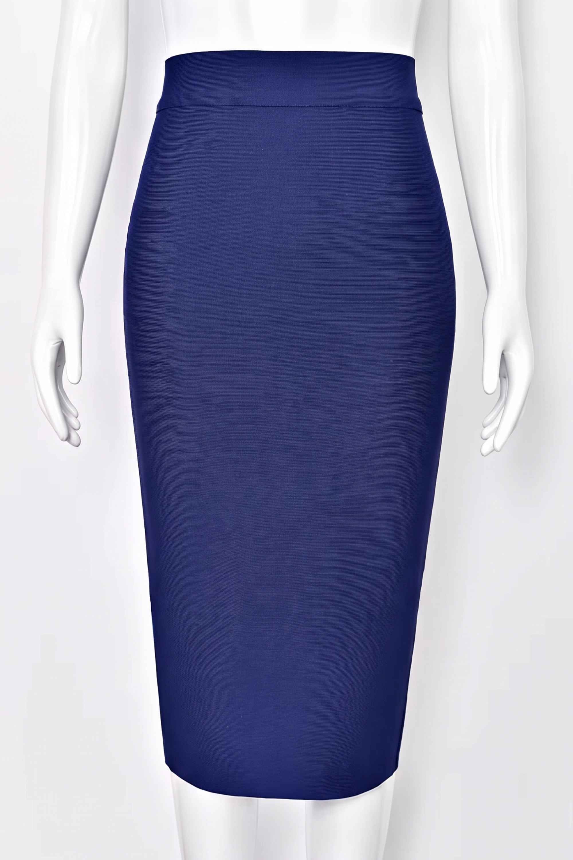 Woman wearing a figure flattering Pencil High Waist Bandage Midi Skirt - Navy Blue BODYCON COLLECTION