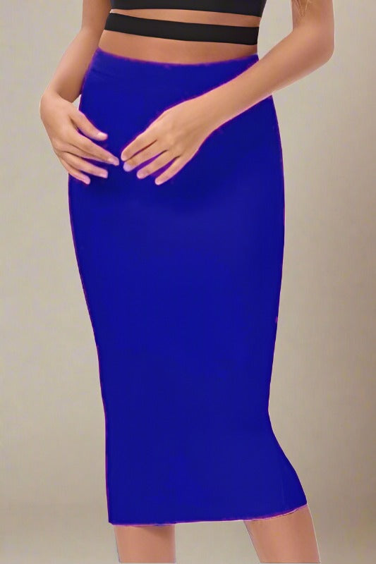 Woman wearing a figure flattering Pencil High Waist Bandage Midi Skirt - Navy Blue BODYCON COLLECTION