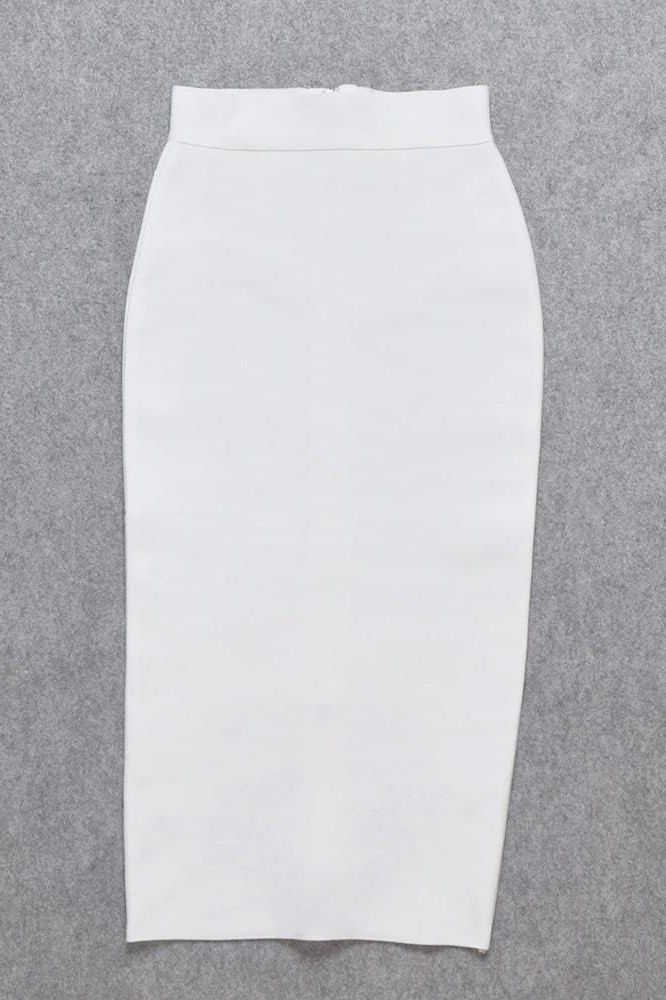 Woman wearing a figure flattering Pencil High Waist Bandage Midi Skirt - Pearl White BODYCON COLLECTION
