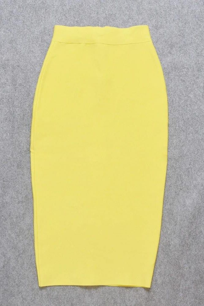 Woman wearing a figure flattering Pencil High Waist Bandage Midi Skirt - Sun Yellow BODYCON COLLECTION