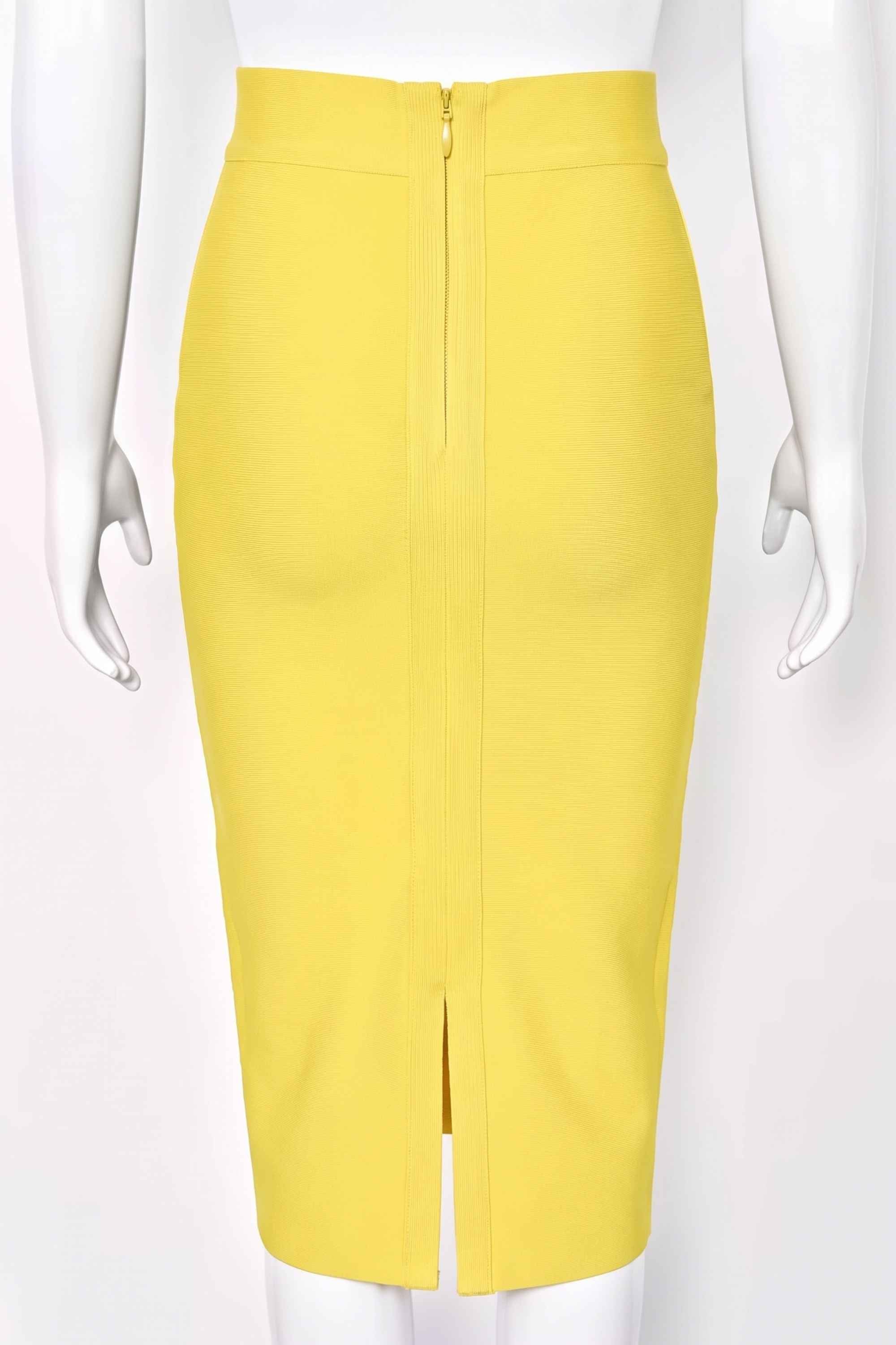 Woman wearing a figure flattering Pencil High Waist Bandage Midi Skirt - Sun Yellow BODYCON COLLECTION