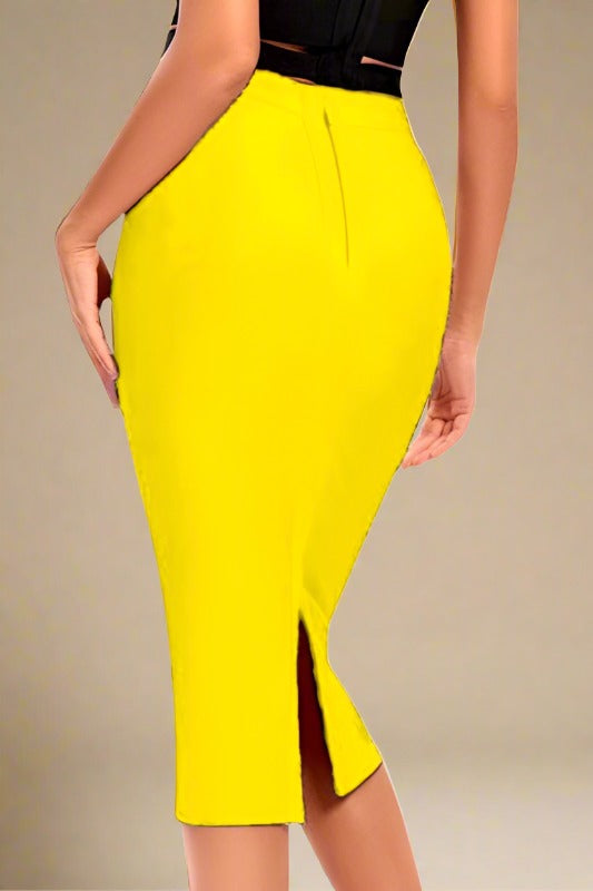 Woman wearing a figure flattering Pencil High Waist Bandage Midi Skirt - Sun Yellow BODYCON COLLECTION