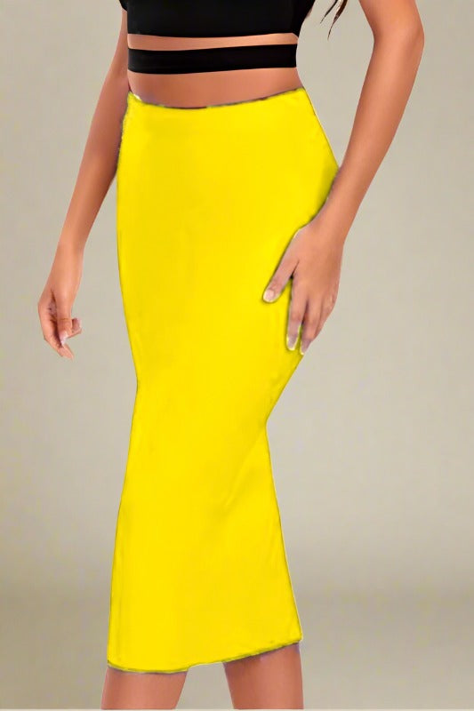 Woman wearing a figure flattering Pencil High Waist Bandage Midi Skirt - Sun Yellow BODYCON COLLECTION