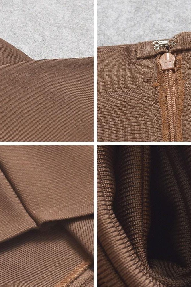 Woman wearing a figure flattering Pencil High Waist Bandage Midi Skirt - Tan Brown BODYCON COLLECTION