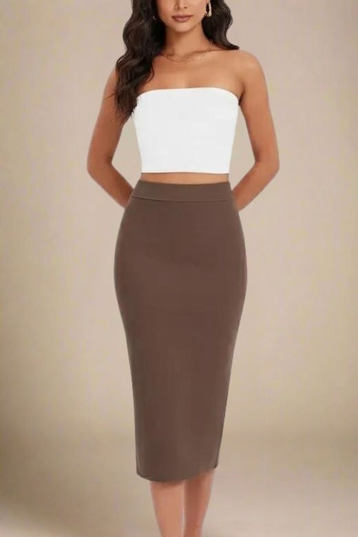 Woman wearing a figure flattering Pencil High Waist Bandage Midi Skirt - Tan Brown BODYCON COLLECTION