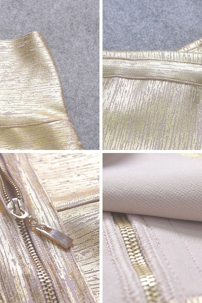 Woman wearing a figure flattering Pencil High Waist Bandage Mini Skirt - Gold BODYCON COLLECTION