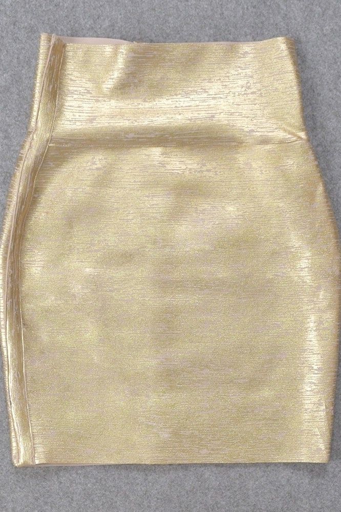 Woman wearing a figure flattering Pencil High Waist Bandage Mini Skirt - Gold BODYCON COLLECTION
