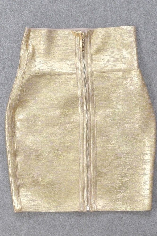 Woman wearing a figure flattering Pencil High Waist Bandage Mini Skirt - Gold BODYCON COLLECTION