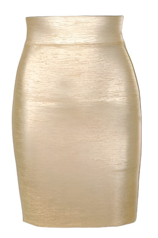 Woman wearing a figure flattering Pencil High Waist Bandage Mini Skirt - Gold BODYCON COLLECTION