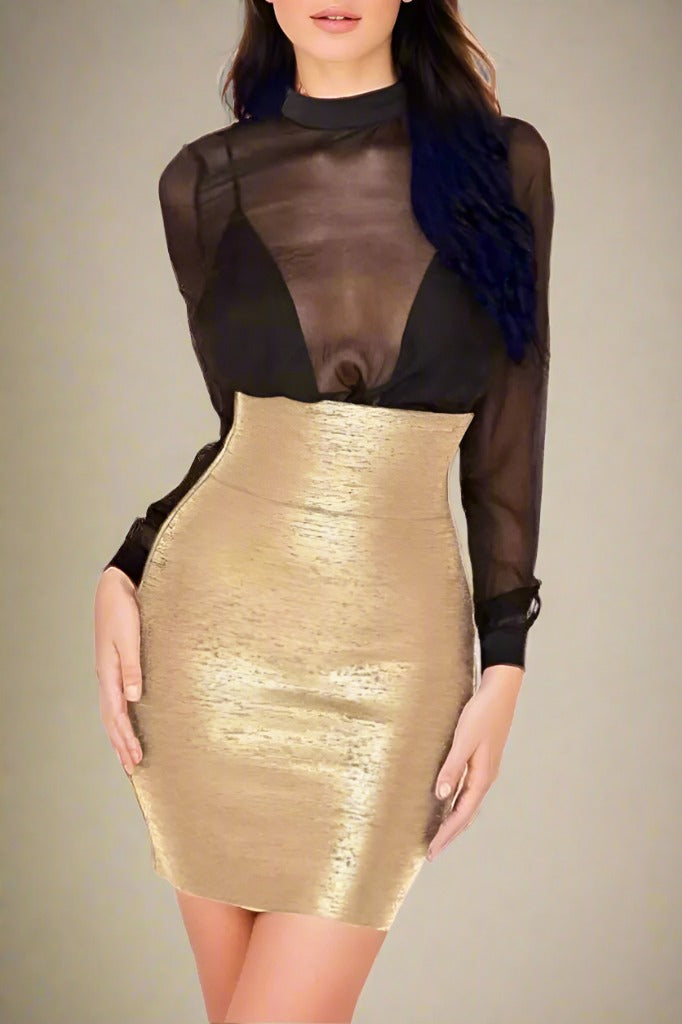 Woman wearing a figure flattering Pencil High Waist Bandage Mini Skirt - Gold BODYCON COLLECTION