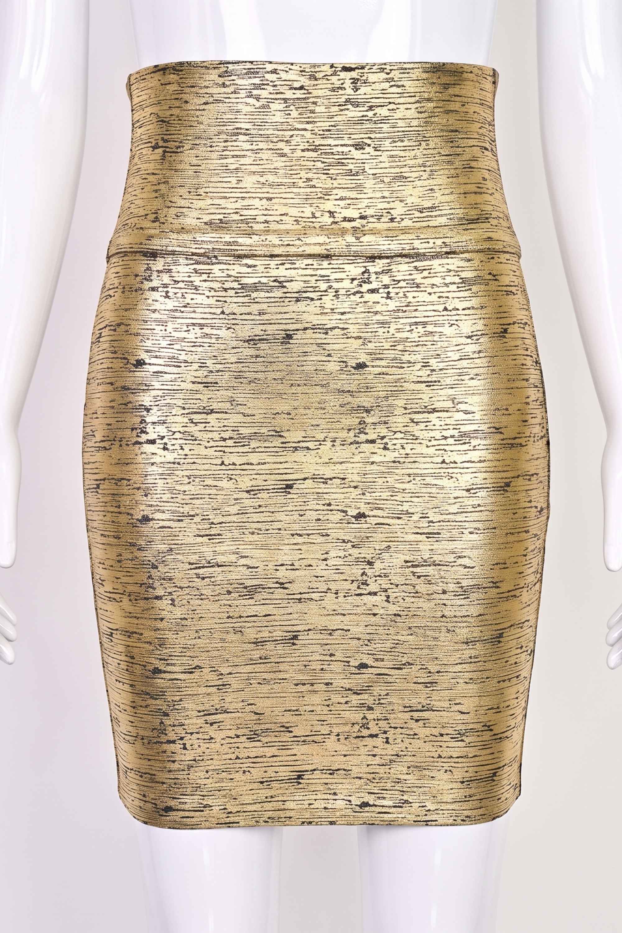 Woman wearing a figure flattering Pencil High Waist Bandage Mini Skirt - Gold Metallic BODYCON COLLECTION