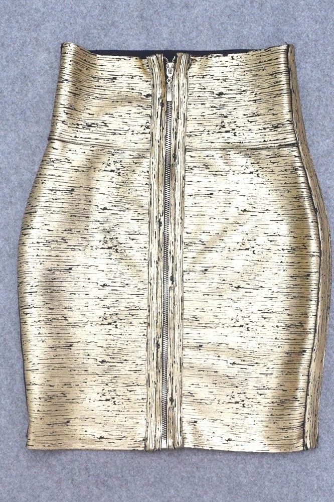 Woman wearing a figure flattering Pencil High Waist Bandage Mini Skirt - Gold Metallic BODYCON COLLECTION