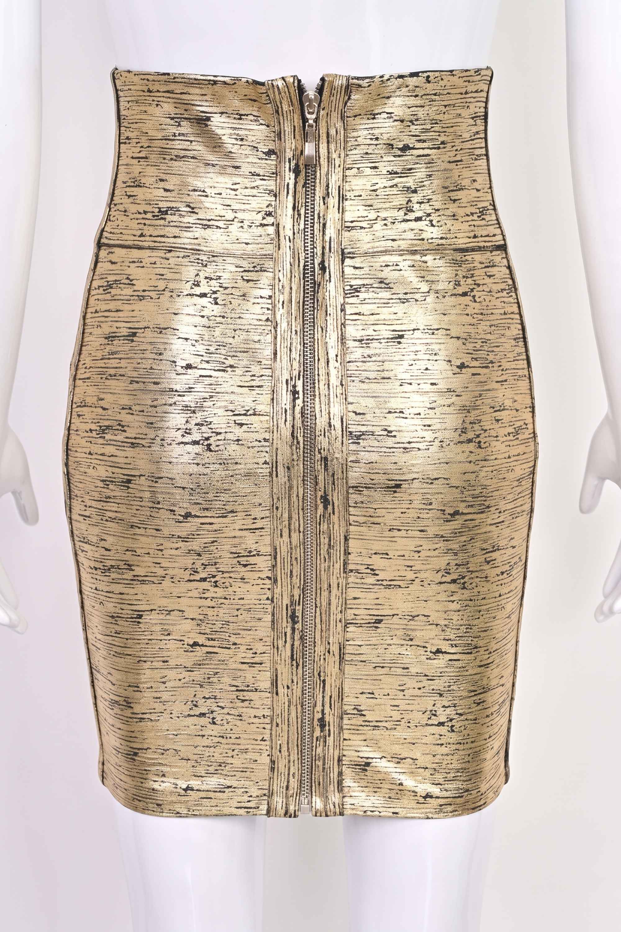 Woman wearing a figure flattering Pencil High Waist Bandage Mini Skirt - Gold Metallic BODYCON COLLECTION