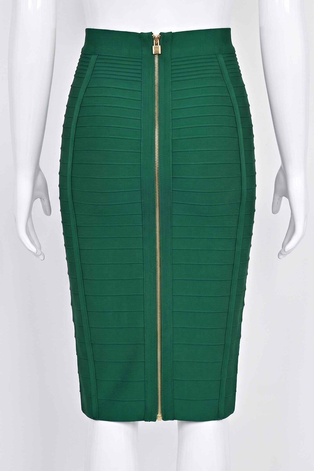 Woman wearing a figure flattering Pencil High Waist Knitted Knee Length Skirt - Emerald Green BODYCON COLLECTION