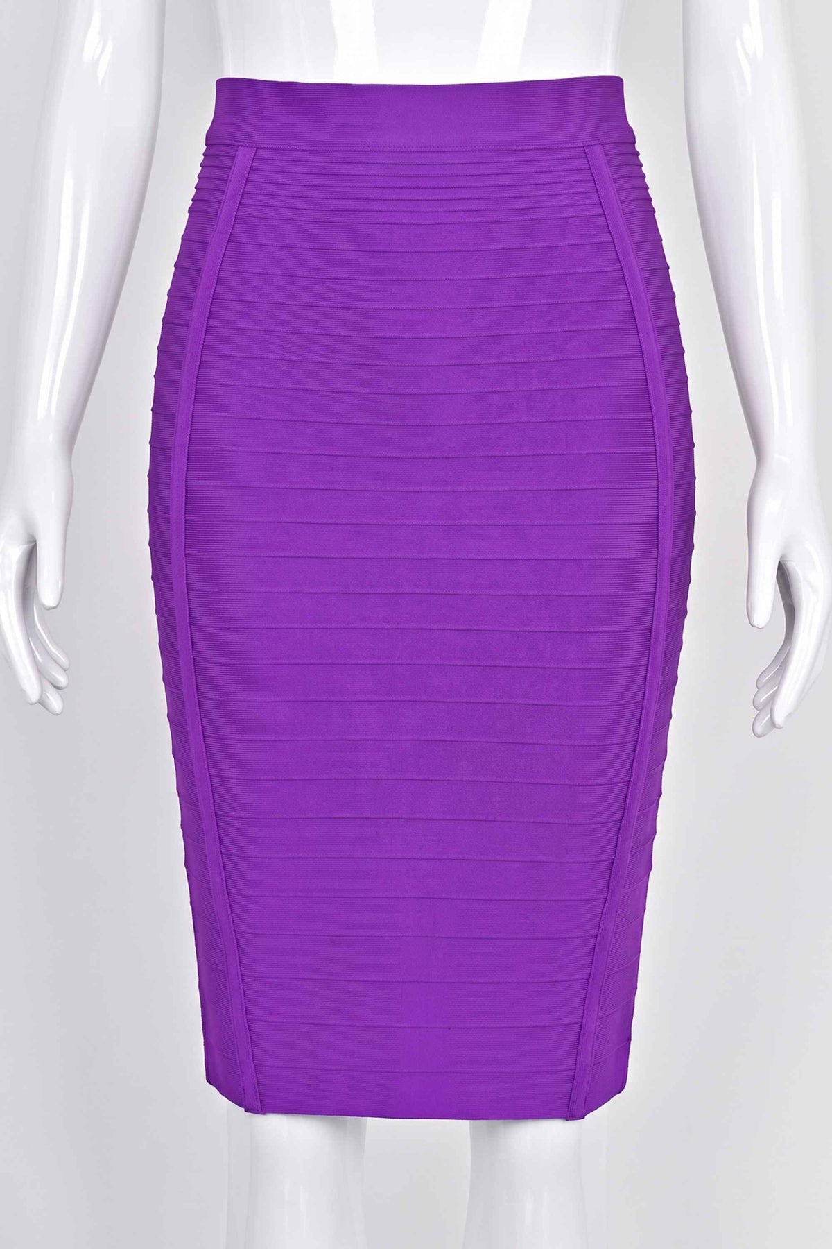 Woman wearing a figure flattering Pencil High Waist Knitted Knee Length Skirt - Plum Purple BODYCON COLLECTION