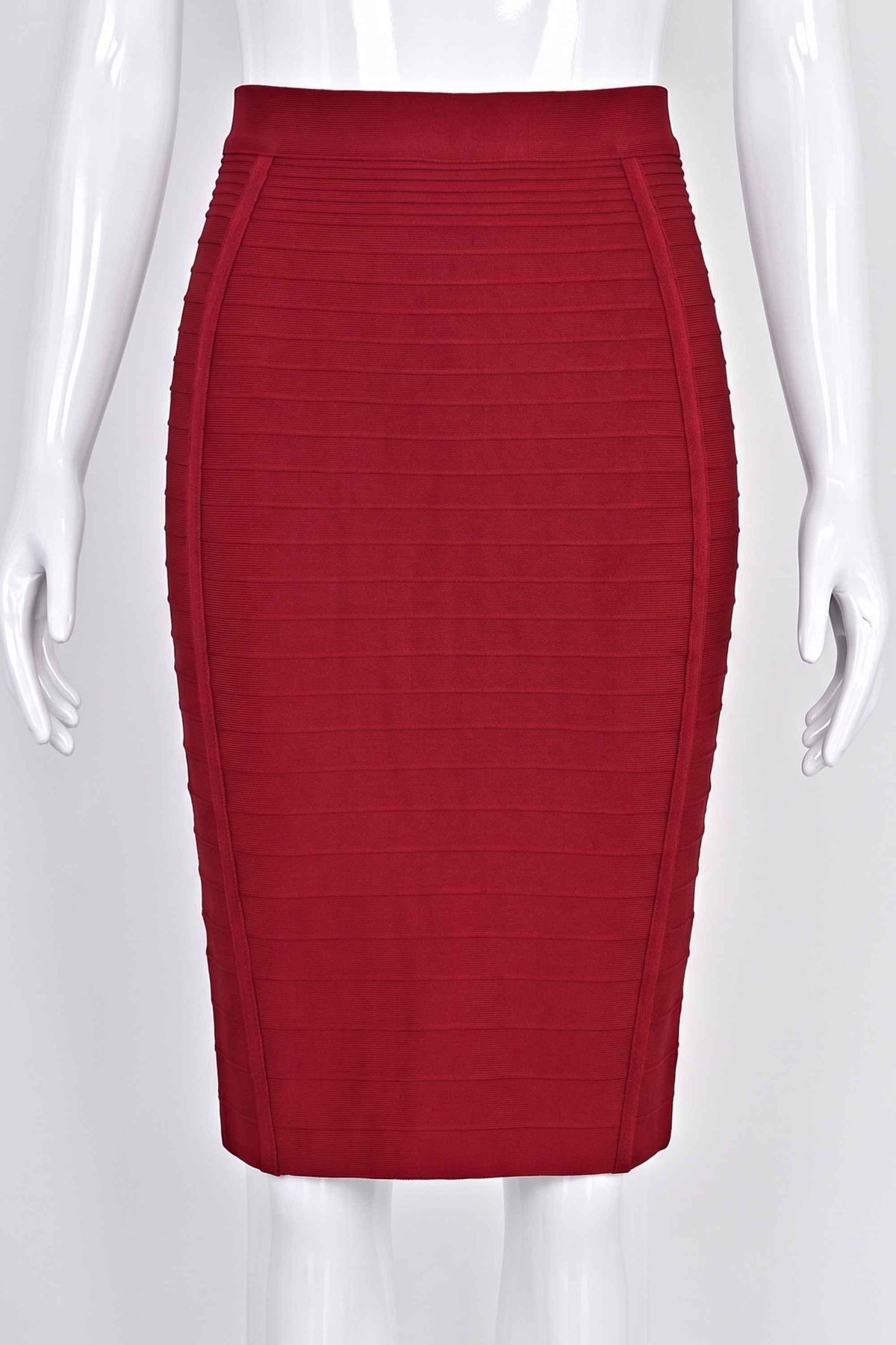 Woman wearing a figure flattering Pencil High Waist Knitted Knee Length Skirt - Red Wine BODYCON COLLECTION