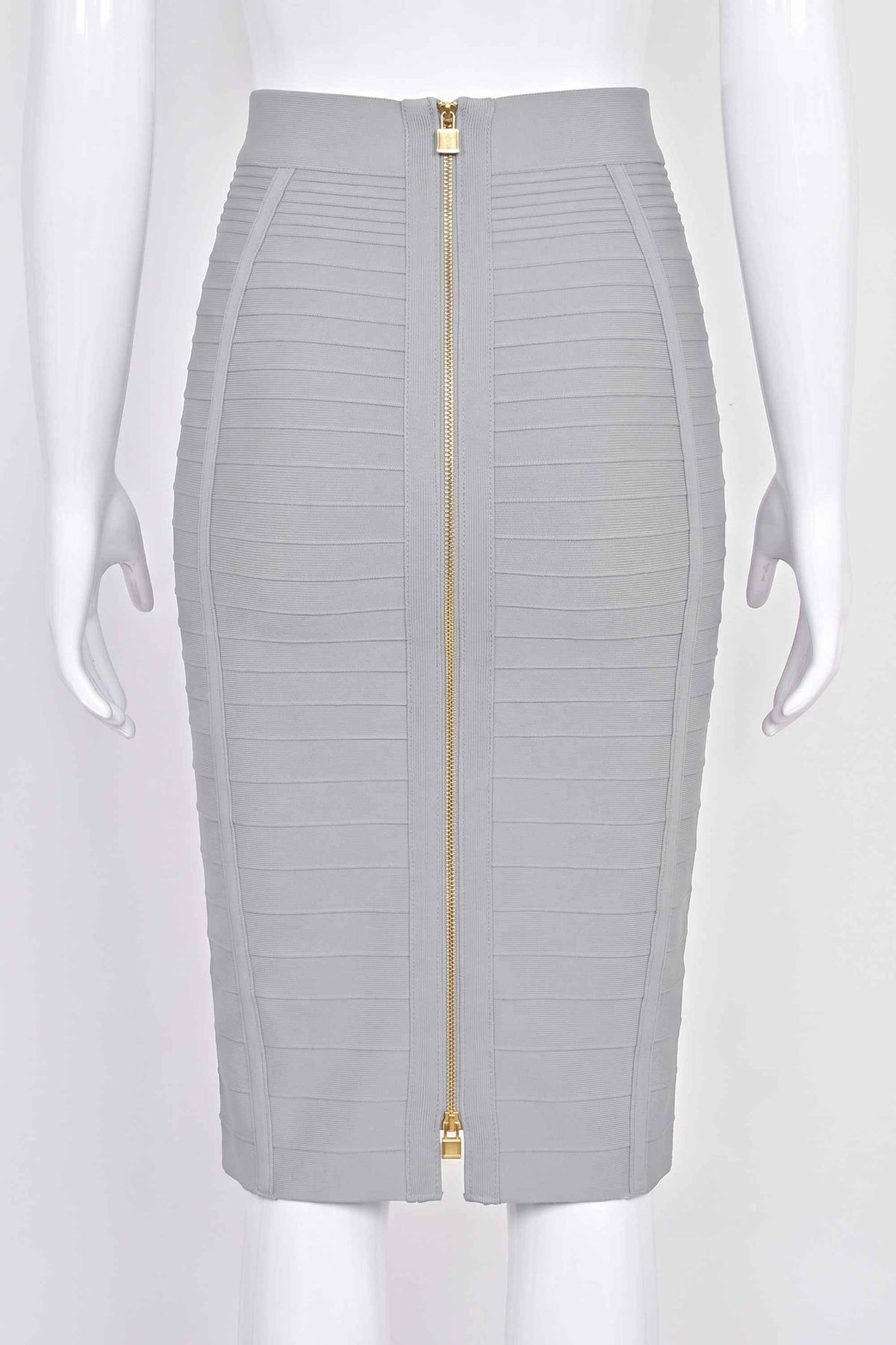 Woman wearing a figure flattering Pencil High Waist Knitted Knee Length Skirt - Steel Gray BODYCON COLLECTION