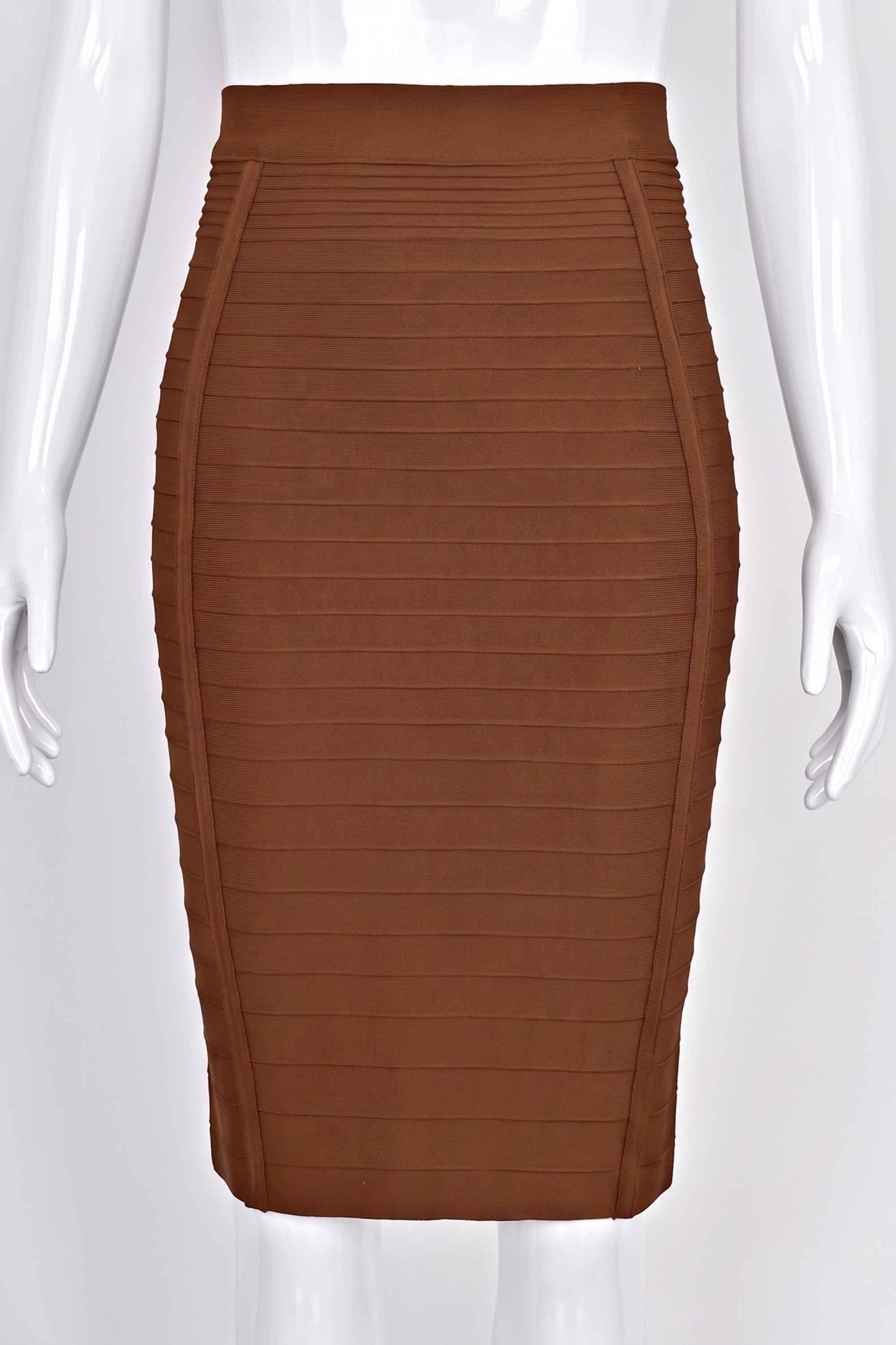 Woman wearing a figure flattering Pencil High Waist Knitted Knee Length Skirt - Tan Brown BODYCON COLLECTION
