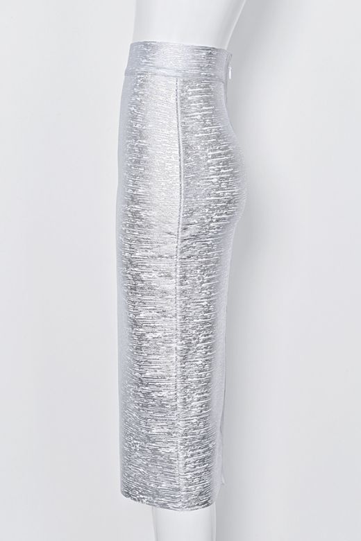 Woman wearing a figure flattering Pencil High Waist Leather Metallic Midi Skirt - Silver BODYCON COLLECTION