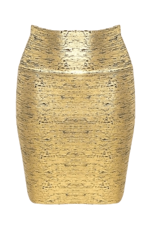 Woman wearing a figure flattering Pencil High Waist Leather Mini Skirt - Gold Metallic BODYCON COLLECTION