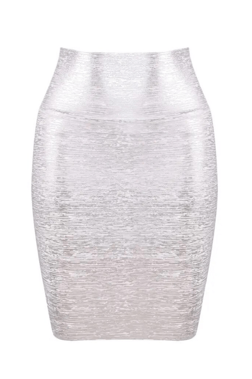 Woman wearing a figure flattering Pencil High Waist Leather Mini Skirt - Silver BODYCON COLLECTION