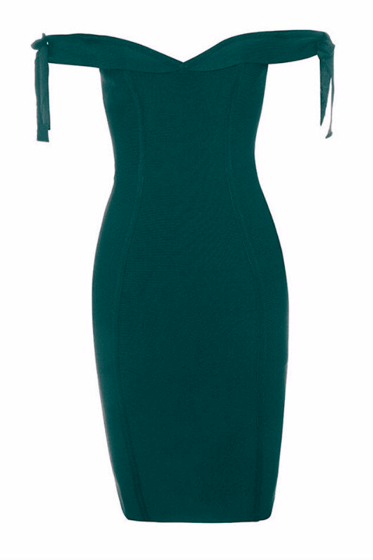 Woman wearing a figure flattering Penelope Bandage Miini Dress - Emerald Green BODYCON COLLECTION