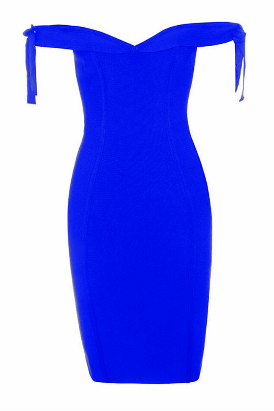 Woman wearing a figure flattering Penelope Bandage Mini Dress - Royal Blue BODYCON COLLECTION