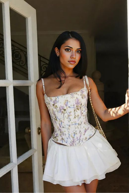 Woman wearing a figure flattering Penny Corset Top - White Floral BODYCON COLLECTION Pty Ltd