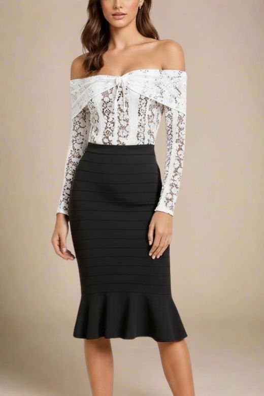 Woman wearing a figure flattering Peplum High Waist Bandage Midi Skirt - Classic Black BODYCON COLLECTION