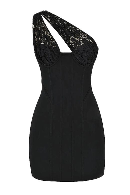 Woman wearing a figure flattering Peta Bodycon Lace Mini Dress - Classic Black BODYCON COLLECTION